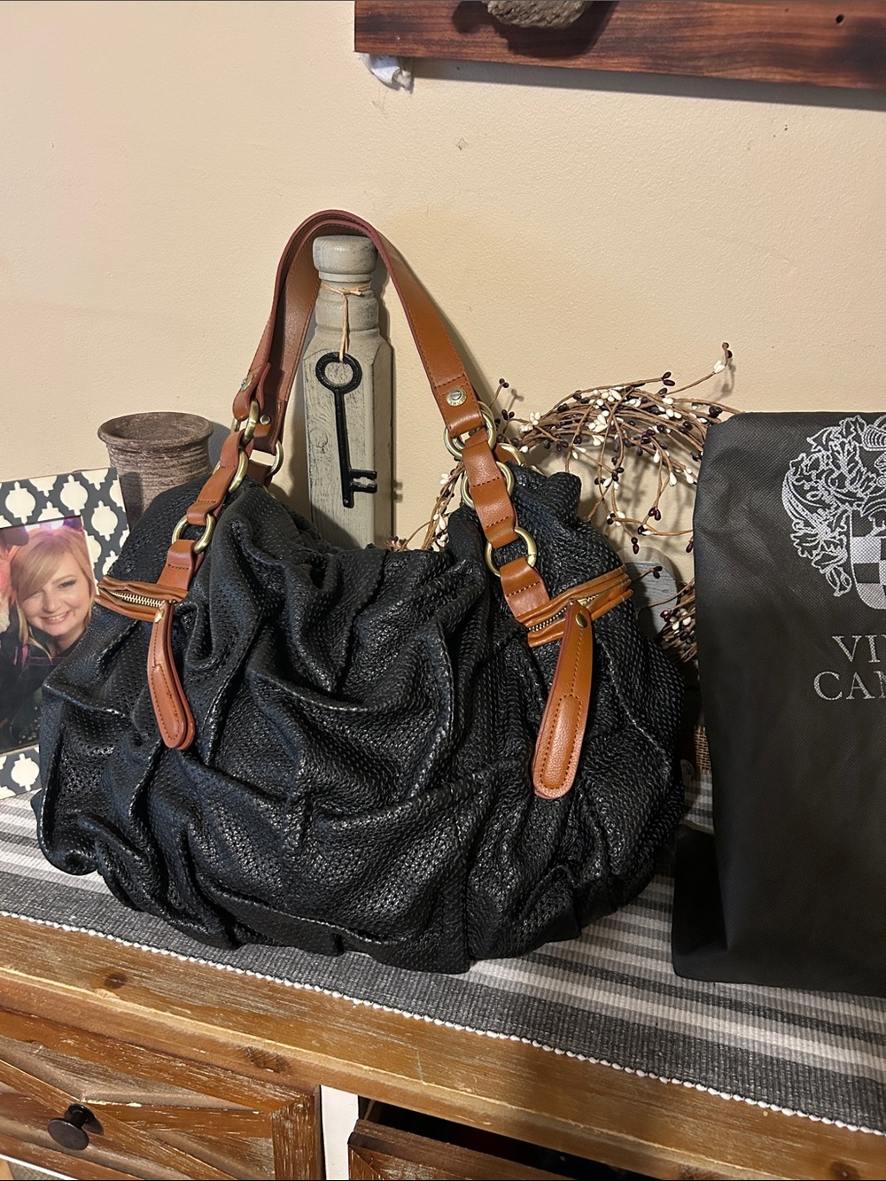 Vince Camuto Black Gathered Shoulder Bag with Brown Straps